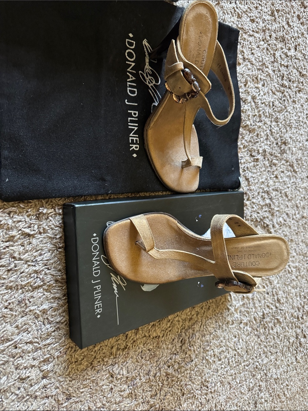Donald J. Pliner Metallic Gold Leather Thong Sandals with Ankle Strap